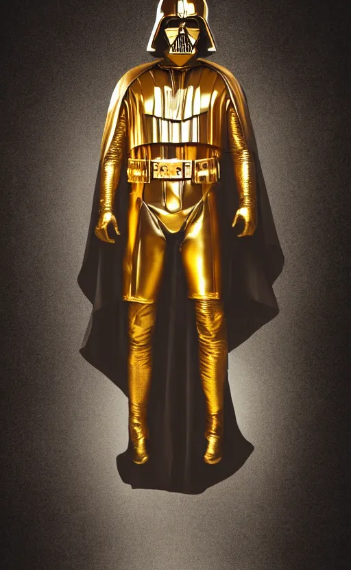 Prompt: A phone wallpaper of a full body golden Darth Vader suit in a black room, studio lighting,