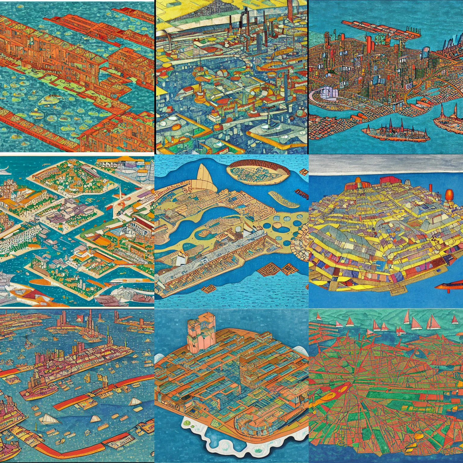Prompt: a detailed map of a futuristic city located in an island surrounded by water with a few modern ships stationed around it, in the style of diego rivera schiele, full color, isometric view