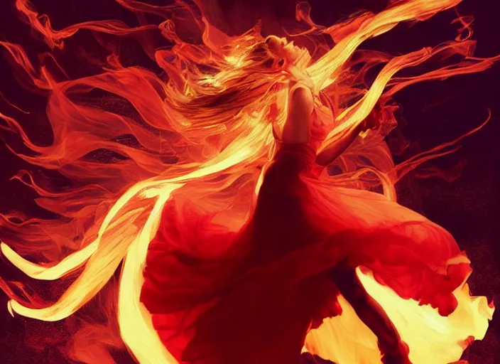 Prompt: a dancer wearing a flowing gown, engulfed in a whirling fire tornado firestorm, emitting smoke and sparks, fantasy, cinematic, fine details by realistic shaded lighting poster by ilya kuvshinov katsuhiro otomo, magali villeneuve, artgerm, jeremy lipkin and michael garmash and rob rey