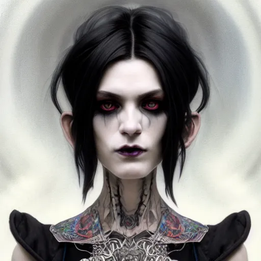 Image similar to portrait painting of an androgynous witch with shoulder length black hair pale skin and beautiful eyes wearing a punk clothes, ultra realistic, concept art, intricate details, eerie, highly detailed, photorealistic, octane render, 8 k, unreal engine. art by artgerm and greg rutkowski and magali villeneuve and alphonse mucha