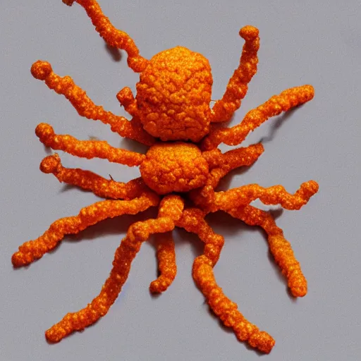 Image similar to A spider with cheetos as arms, hyperrealism, 4k