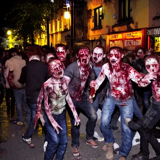 Image similar to zombies crowding the streets, drinking beer, in kreuzberg, at night