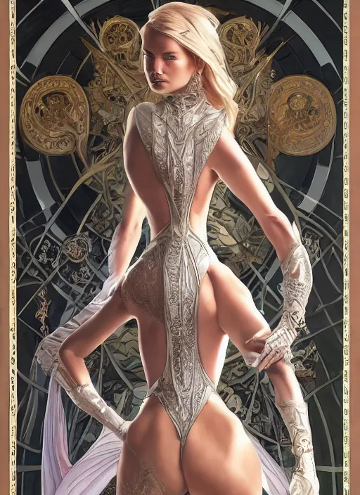 Image similar to symmetry!! intense fanart of back pose of emma frost as acotar protagonist, traditional queen dress, intricate, hyper detailed background, elegant, highly detailed, my rendition, digital painting, artstation, concept art, smooth, sharp focus, illustration, art by artgerm, greg rutkowski and alphonse mucha, by hajime sorayama and boris vallejo