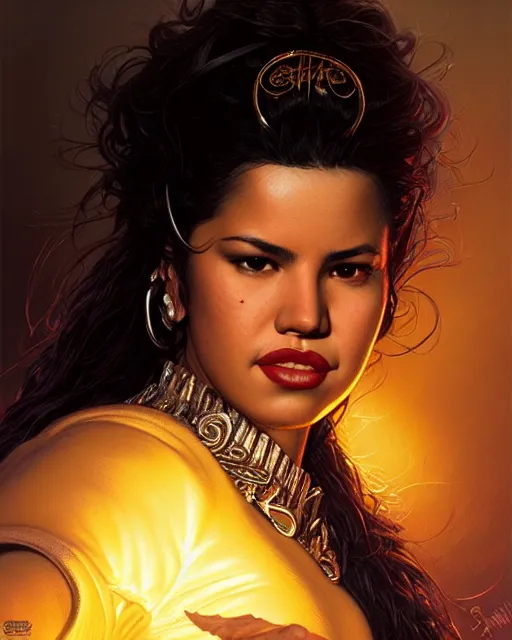 Image similar to selena quintanilla perez, character portrait, portrait, close up, concept art, intricate details, highly detailed by greg rutkowski, michael whelan and gustave dore