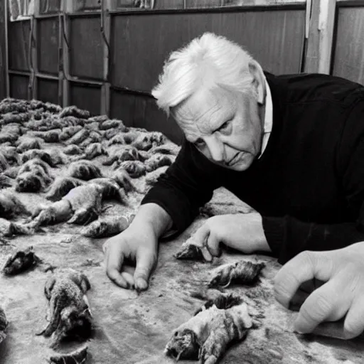 Image similar to david attenborough working in a slaughter house