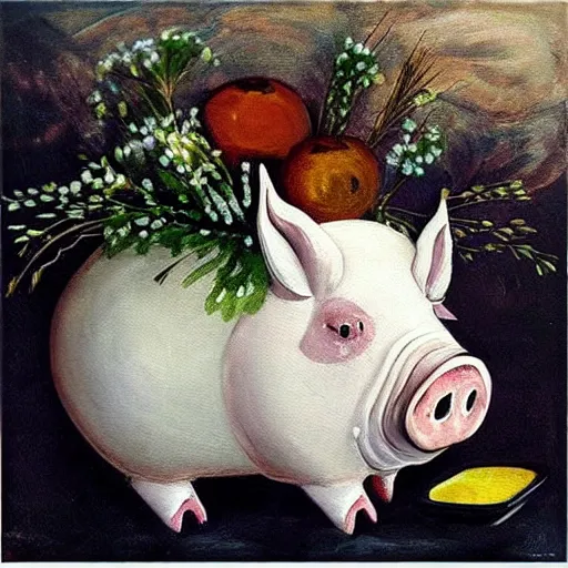 Image similar to “pig paintings and pig sculptures in a pig art gallery, pork, ikebana white flowers, white wax, squashed berries, acrylic and spray paint and oilstick on canvas, by munch and Dali”