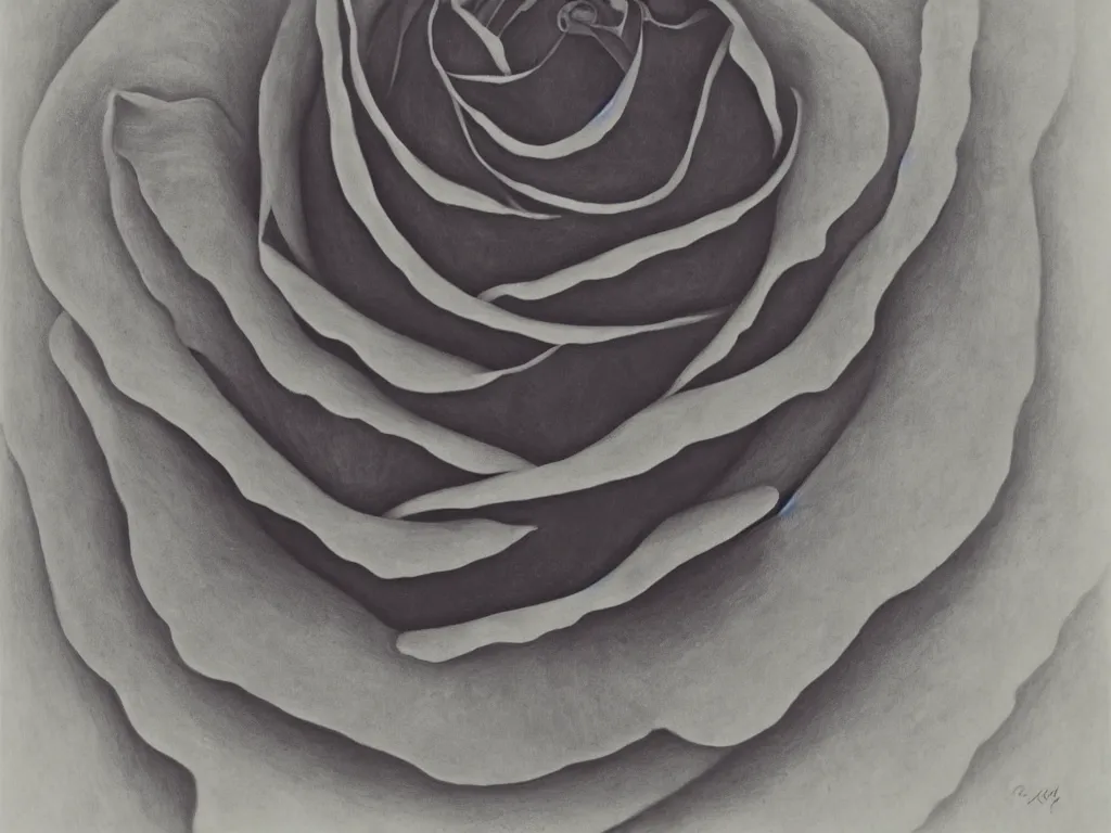 Prompt: a close up of a rose, with drops of water on the petals, by georgia o'keeffe
