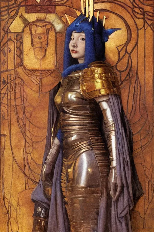 Image similar to portrait of the space queen with her helmet and regalia, by Annie Swynnerton and Nicholas Roerich and John Bauer and John William Godward and Donato Giancola and Vermeer, black leather and embroidered velvet, iridescent beetles, rich color, lost runes, ancient civilizations, dramatic cinematic lighting, featured on Artstation, extremely detailed