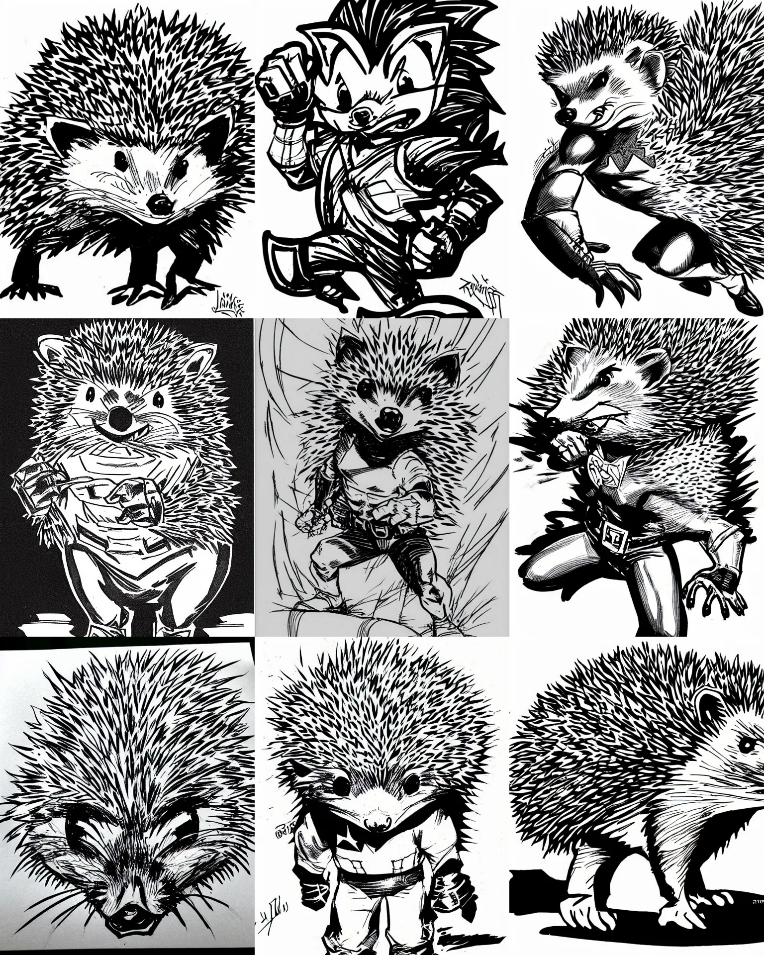Prompt: hedgehog!!! jim lee!!! medium shot!! flat ink sketch by jim lee close up in the style of jim lee, swat comic book hedgehog animal by jim lee