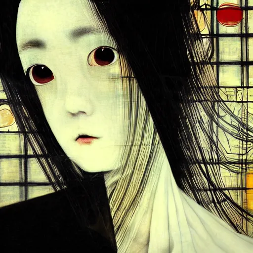 Image similar to yoshitaka amano blurred and dreamy realistic portrait of a woman with black eyes and white hair wearing dress suit with tie, junji ito abstract patterns in the background, satoshi kon anime, noisy film grain effect, highly detailed, renaissance oil painting, weird portrait angle, blurred lost edges, three quarter view