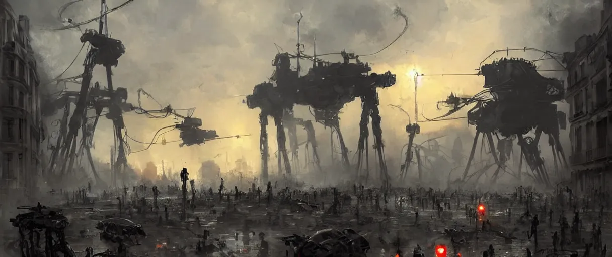 Prompt: war of the worlds, giant mech attack paris, human soldiers, intense fighting, glowing lights!! digital painting, very detailed, art by jakub rozalski