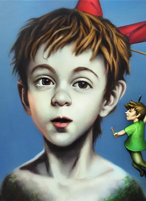 Image similar to lifelike oil painting portrait of peter pan by banksy