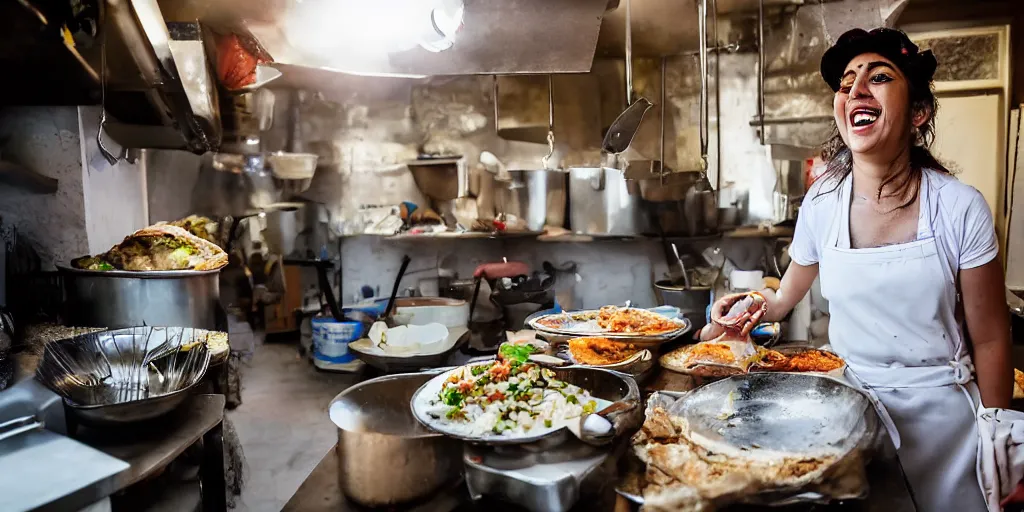 Prompt: It is morning, and the sun is shining on the Aegean coast in Turkey. The camera is positioned at a low angle, looking up at a stunning kurdish girl as she works in the kitchen of her family's kebab restaurant. She is laughing and singing to herself as she cooks