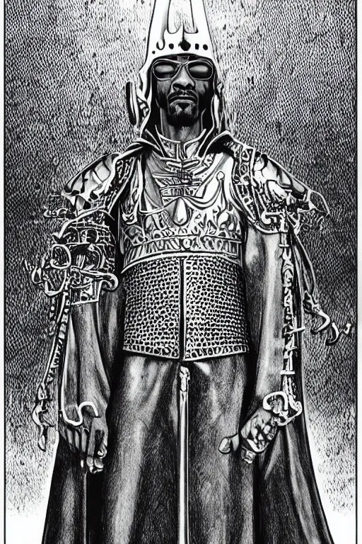 Image similar to Snoop Dogg as a knight, highly detailed, black and white, manga, art by Kentaro Miura