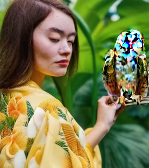 Image similar to head to shoulder Portrait a beautiful young woman wearing a yellow kimono in a tropical greenhouse with a very detailed barn owl on her shoulder, medium format camera, 85mm f1.8, bokeh