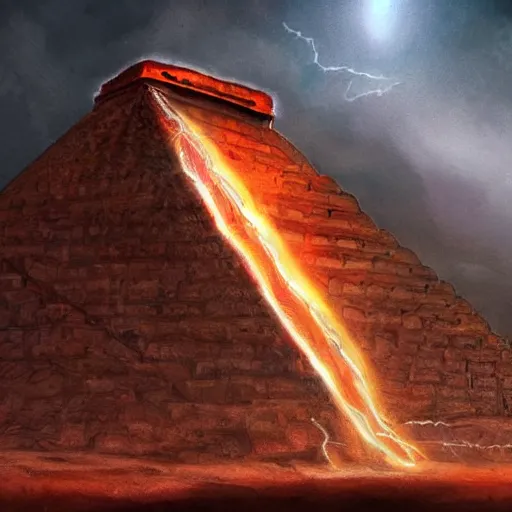 Image similar to Very muscular Devil, red fire eyes, guarding the entrance of the pyramid of Cheops, dessert, ancient world, realistic, god, dramatic lightning, very detailed, concept art