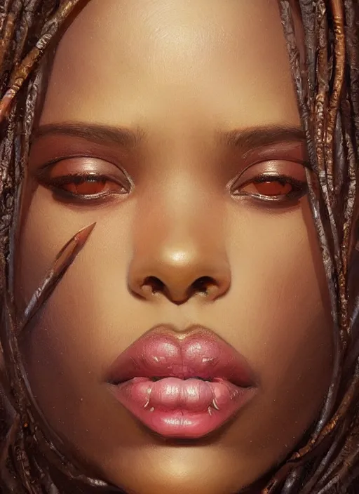 Prompt: portrait of a stunningly beautiful young black woman, highly detailed, digital painting, artstation, concept art, sharp focus, illustration, art by artgerm and greg rutkowski and alphonse mucha, incredibly beautiful and symmetrical face, incredibly detailed, award winning art, royal