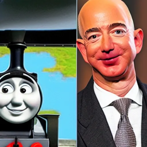 Image similar to jeff bezos as a train in thomas the tank engine