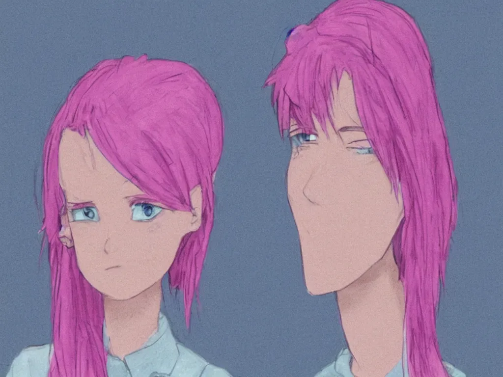 Image similar to concept art for the main character in the award winning film named life is better in pink. the character is a unnaturally attractive teenage girl with deep blue eyes and pink dyed hair, wearing only light pink clothes.