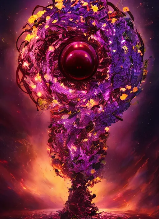 Image similar to An epic fantastic realism comic book style painting of the most beautiful spiraling entwined flowers launched explosively across the dark spinning galaxy, floating bouquets, fisheye lens, unreal 5, DAZ, hyperrealistic, octane render, dynamic lighting