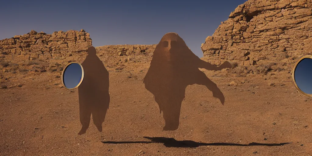 Image similar to levitating ghost silhouette with full - face golden mask in a dry rocky desert landscape, visible sky and sunny atmosphere, fata morgana and giant square mirrors by alejandro jodorowsky, anamorphic lens, kodakchrome, practical effects, masterpiece, 8 k