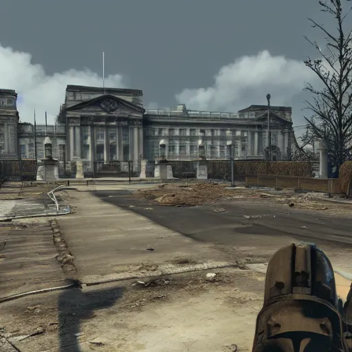 Prompt: buckingham palace in ruins post - nuclear war in fallout 4, in game screenshot