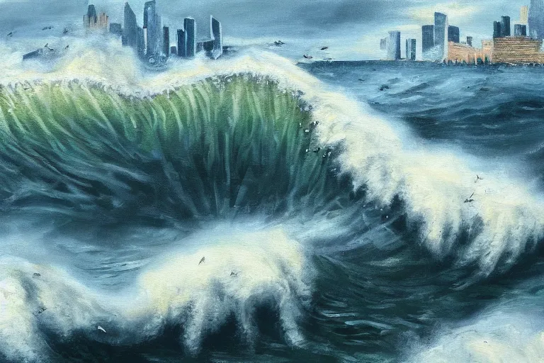 Prompt: tidal wave crashing over manhattan, bird's eye view, wide shot, cinematic, realistic style painting