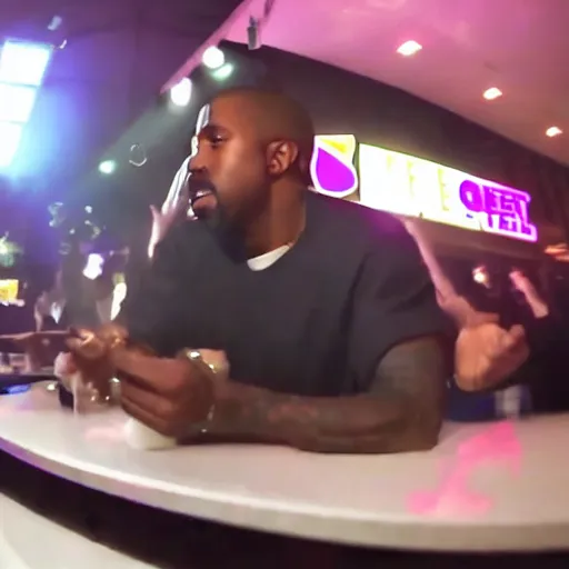 Image similar to blurry, gopro footage of kanye west eating at taco bell, cinematic, volumetric lighting, night, rain