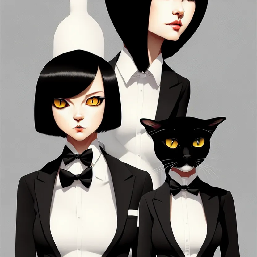 Prompt: a humanoid two cat, slim cruel business girl in tuxedo with black bob hair, elegant, 2 d, ultra highly detailed, digital painting, smooth, sharp focus, artstation, art by ilya kuvshinov!