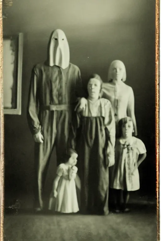 Prompt: an unsettling old family photograph, anxious people standing in a large haunted house, phantom ghosts in the background, cinematic, horror, photorealistic, vintage,