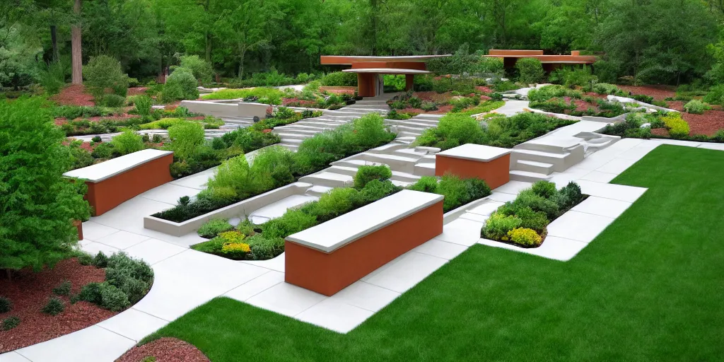 Image similar to overhead plans contemporary rectanguar landscape garden, in the style of frank lloyd wright inspiration.