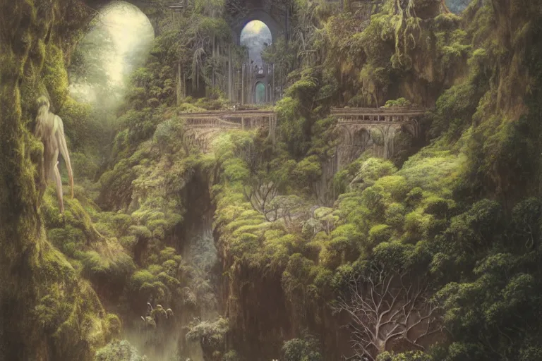 Image similar to Himeji Rivendell overlooks the Garden of Eden, amazing concept painting, fantasy landscape, castle, valley, waterfalls, trees, by Jessica Rossier by HR giger by Beksinski, by brian Froud