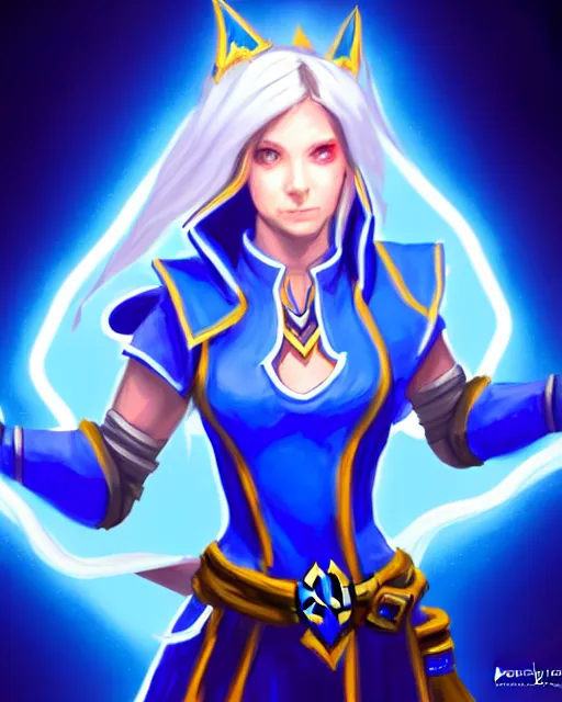 Image similar to perfectly - centered!! looking at the camera!!! full body portrait of the female blue mage, bright lighting, by hearthstone, concept art, hearthstone mastered art