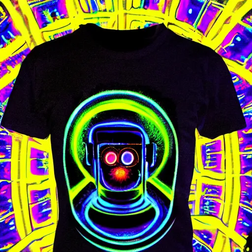 Image similar to photo of a black tshirt with a hyperdetailed portrait of a futuristic trippy atompunk meditating robot, 8 k, symetrical, flourescent colors, halluzinogenic, multicolored tshirt art,