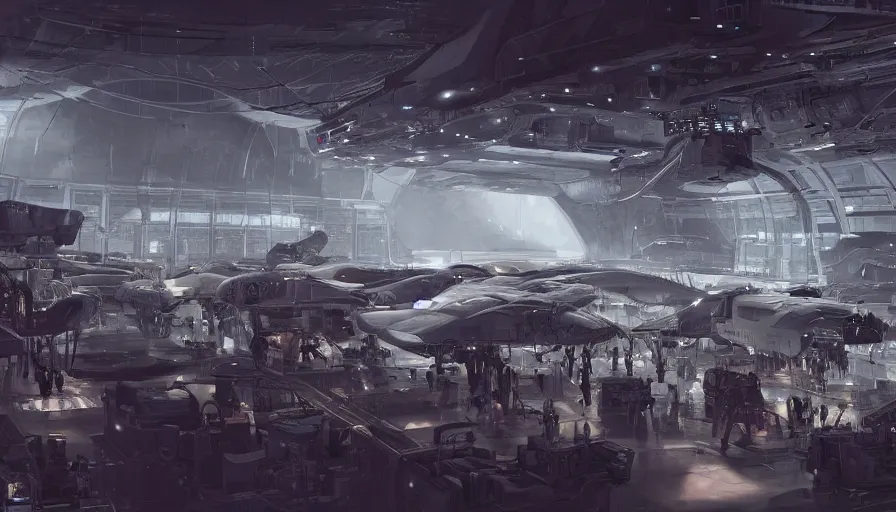 Interior of a dark space hangar with vessels parked, Stable Diffusion