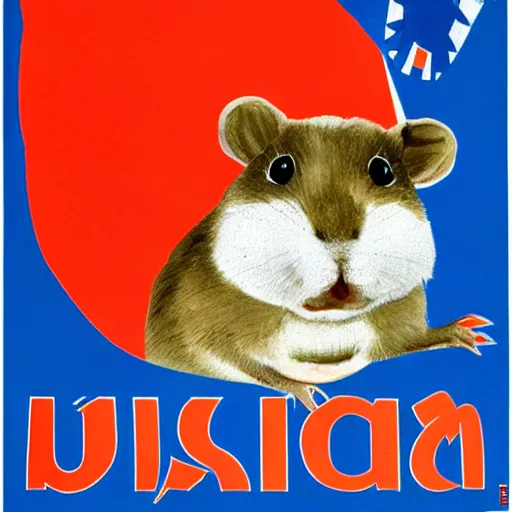 Image similar to yugoslav propaganda poster, a hamster, there is a yugoslav flag waving in the background.