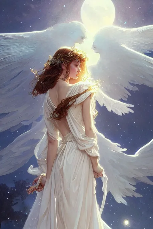 Image similar to Angels in white gauze dresses, the glow of the moonlight, fantasy, intricate, elegant, highly detailed, digital painting, artstation, concept art, matte, sharp focus, illustration, art by Artgerm and Greg Rutkowski and Alphonse Mucha