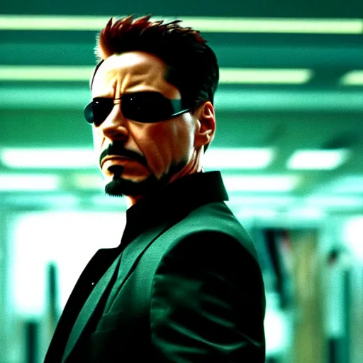 Image similar to cinematic still of Tony Stark in The Matrix (1999), XF IQ4, f/1.4, ISO 200, 1/160s, 8K, RAW, dramatic lighting, symmetrical balance, in-frame