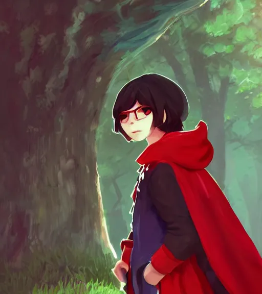 Image similar to attractive little boy character inspired in little red riding hood and kris from deltarune, digital artwork made by akihiko yoshida and makoto shinkai