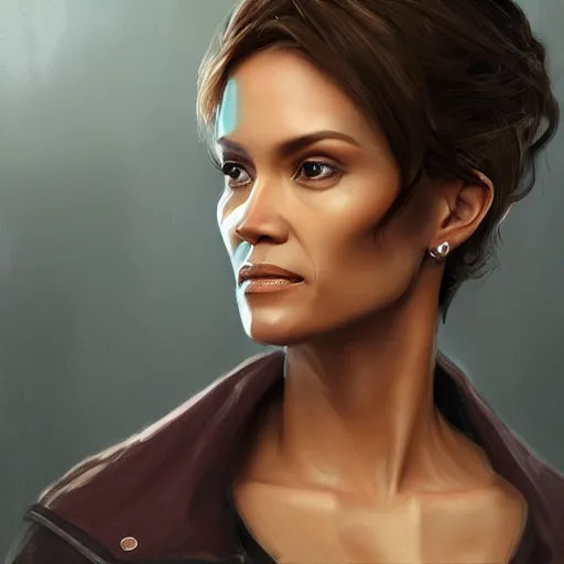 Image similar to maci holloway in a political meeting, first woman elected as president in usa, cold but beautiful, about 3 5 years old, highly detailed, mix of halle berry and julia roberts, gong li, olga kurylenko, artstation hd, deviantart, by artgem, greg rutkowski