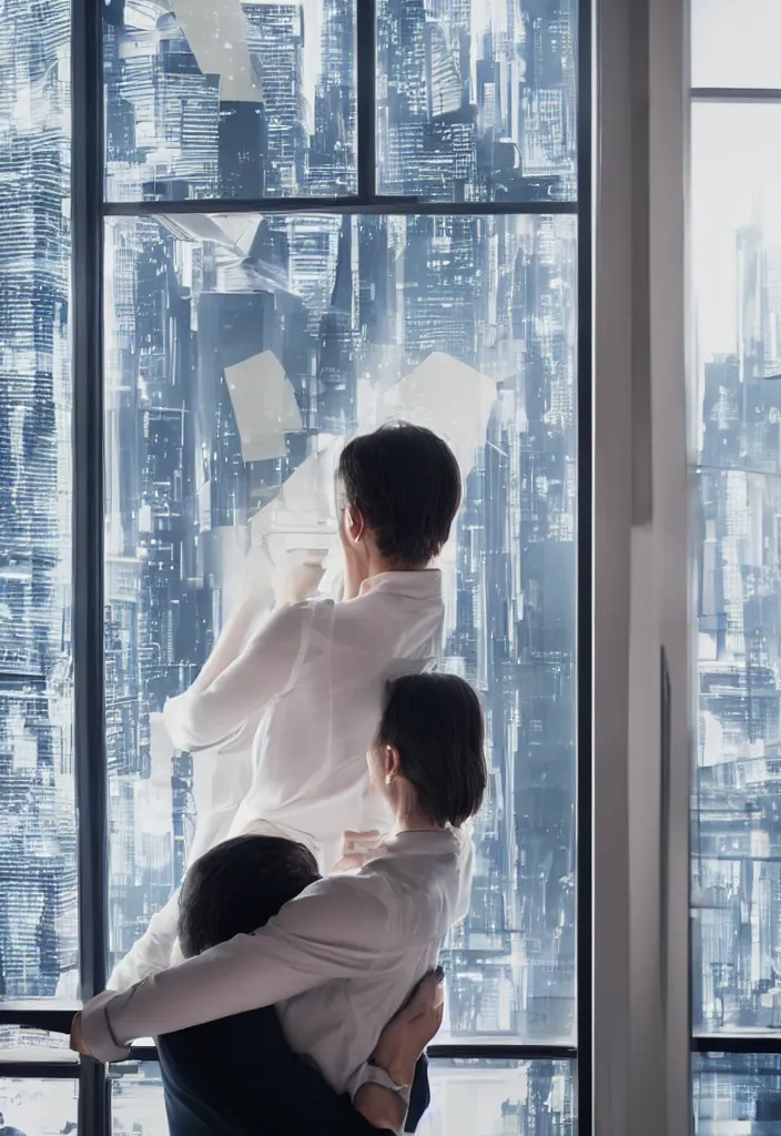 Image similar to wife hugging her husband that is working at his futuritic desk looking at the window with a futuristic city, highly detailed