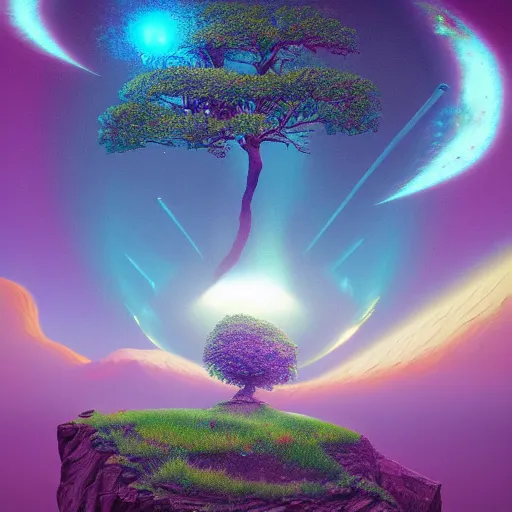 Image similar to sharp blooming atlantic space disk coot ash tree toast rock album cover , by Ernst Max and Bob Ross and Beeple , digital illustration , Global Illumination , black velvet painting