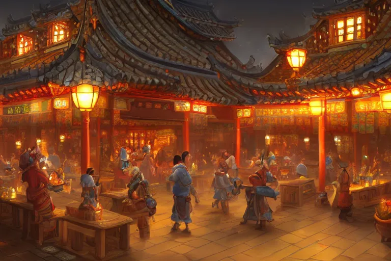 Prompt: fantasy art of a bustling tavern in china, at night, by tyler edlin, highly detailed digital art, trending on artstation