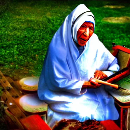 Image similar to hyperrealistic hdr photography of mother theresa playing beatsabre.