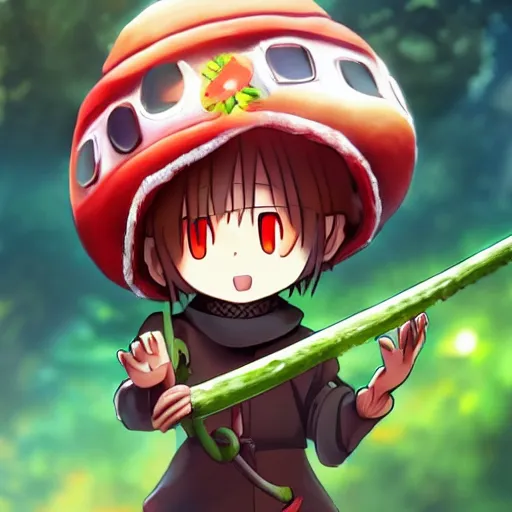 Image similar to cute android humanoid with big tomato hat and a carrot sword, made in abyss style