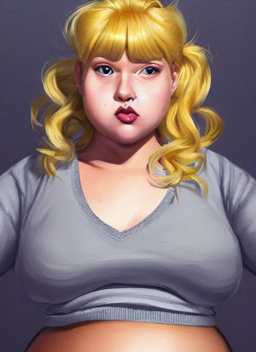 Image similar to full body teenage betty cooper, blonde hair, obese, bangs, ponytail, sultry, realistic, sultry smirk, ponytail, fluffy bangs, curly bangs, fat, belly, beautiful girl, intricate, elegant, highly detailed, digital painting, artstation, concept art, smooth, sharp focus, illustration, art by wlop, mars ravelo and greg rutkowski