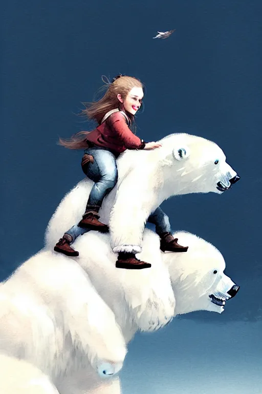 Prompt: tiny girl riding on the back of a giant fluffy polar bear by greg rutkowski