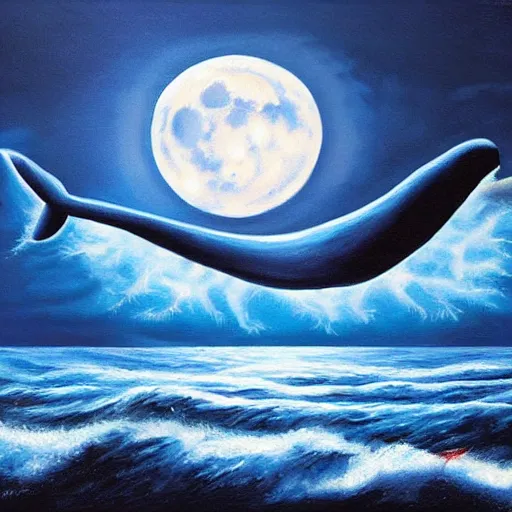 Image similar to a blue whale jumping in a storm in the ocean, full moon, blue light, oil painting