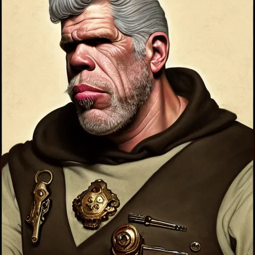 Prompt: full portrait of ron perlman as colonel wednesday bologna, fantasy, d & d, intricate, detailed, by by alphonse mucha, adolfo hohenstein, alice russell glenny, stanley artgerm lau, greg rutkowski, detailed, trending on artstation, trending on artstation, smooth