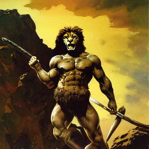 Prompt: a lion headed muscular barbarian by Frank Frazetta, in a savanna